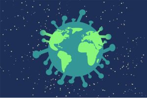 Coronavirus mit Landkartenmuster vor Sternenmeer
